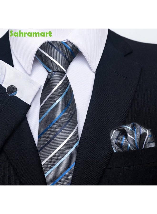Sahramart Tie for men,Men Necktie Set with Handkerchief,Buttons,Tie Pin, 147 x 8 cm, Polyester, Suitable for dance parties, weddings, banquets, business, Comfortable and soft,Grey Strips - Image 1