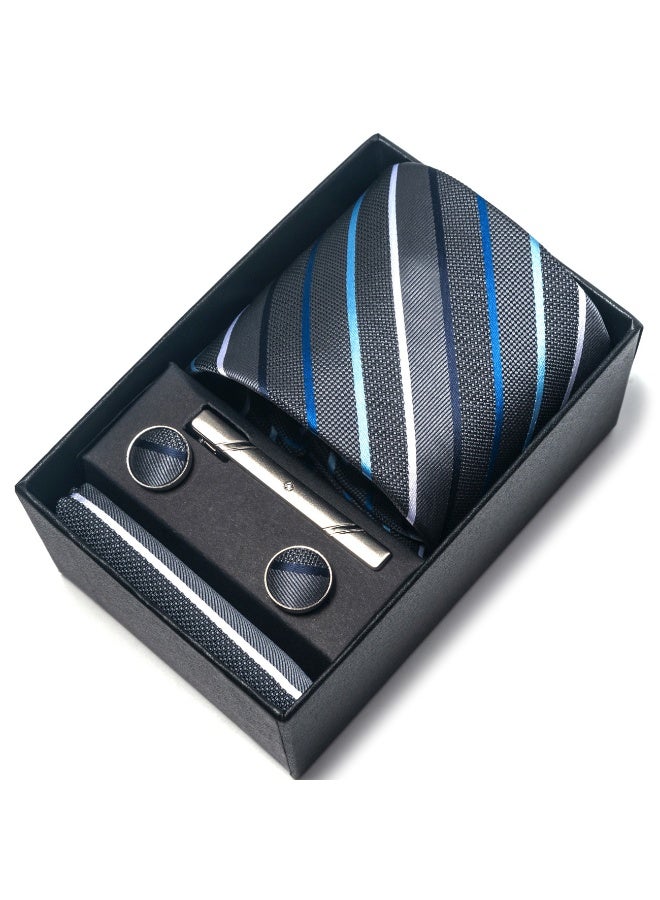 Sahramart Tie for men,Men Necktie Set with Handkerchief,Buttons,Tie Pin, 147 x 8 cm, Polyester, Suitable for dance parties, weddings, banquets, business, Comfortable and soft,Grey Strips - Image 2