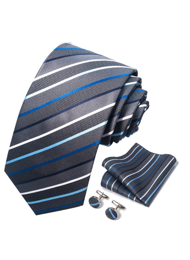 Sahramart Tie for men,Men Necktie Set with Handkerchief,Buttons,Tie Pin, 147 x 8 cm, Polyester, Suitable for dance parties, weddings, banquets, business, Comfortable and soft,Grey Strips - Image 3