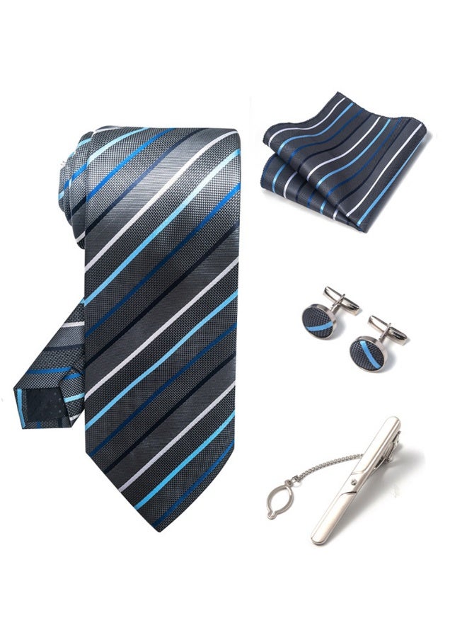 Sahramart Tie for men,Men Necktie Set with Handkerchief,Buttons,Tie Pin, 147 x 8 cm, Polyester, Suitable for dance parties, weddings, banquets, business, Comfortable and soft,Grey Strips - Image 4