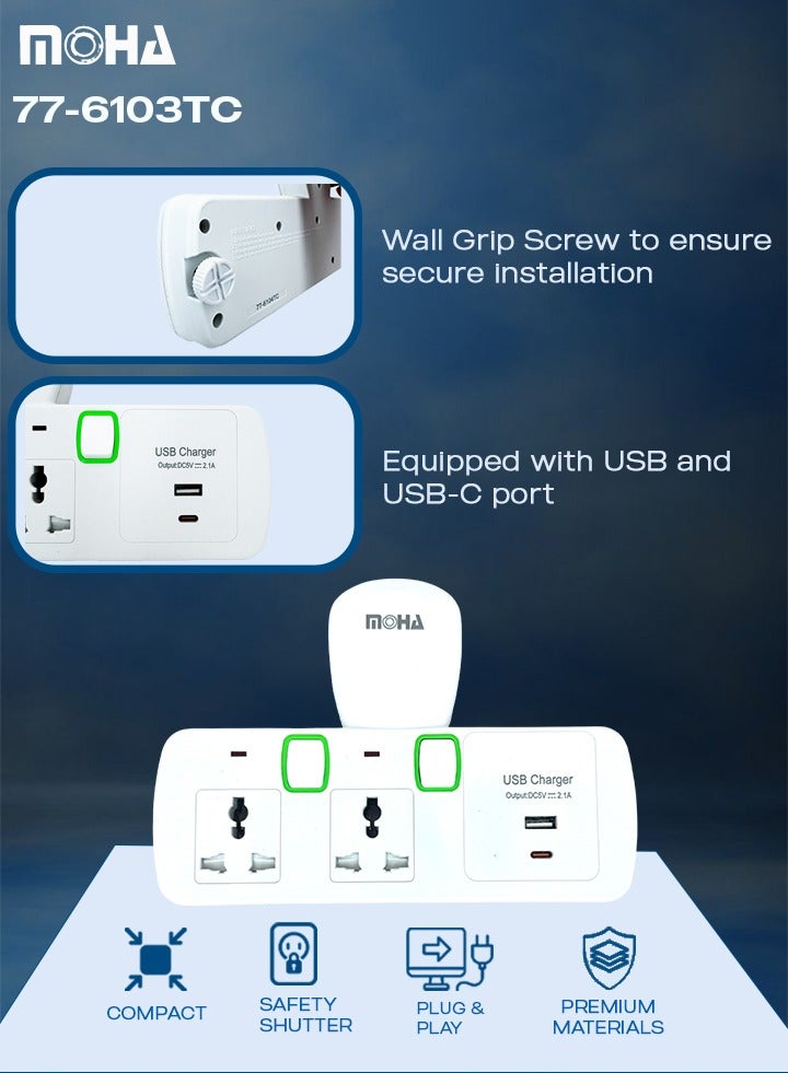 Moha 2-Way Universal Outlet Extender – Wall Plug Adapter with 2 Outlets + 1 USB Port & 1 Type-C Port, Individual Switches, BS Type G Plug, Child-Safe Shutters - Image 3