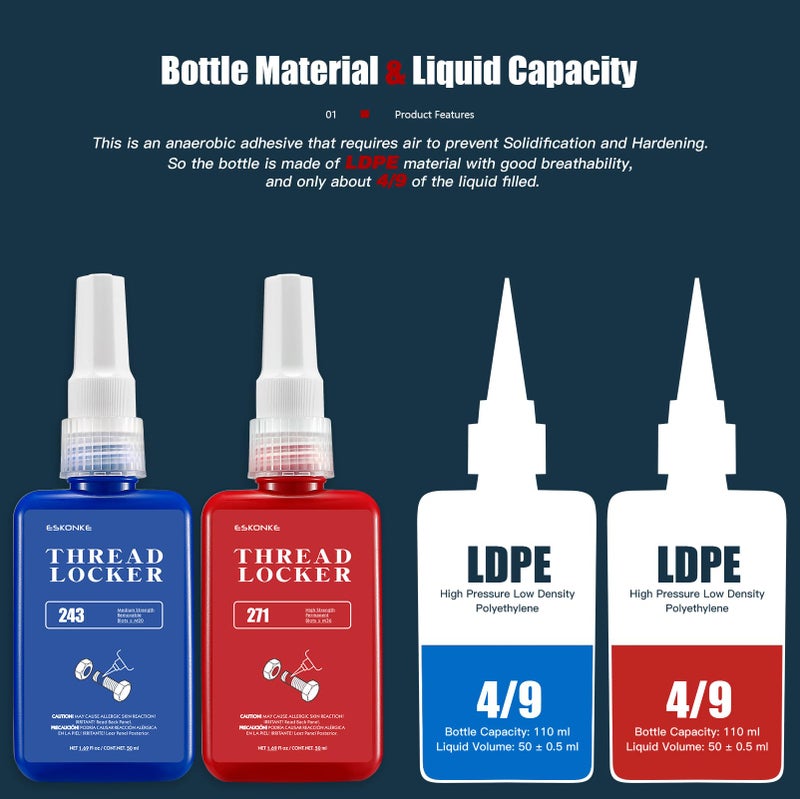 ESKONKE 3 Pack Thread Locker Blue 243 + Red 271 Removable & Permanent Locking 5.07 Fl oz Nuts & Bolts Threadlocker Seal & Lock Tight Fasteners Anaerobic Curing Metal Glue (243 ×2 + 271) - Image 2