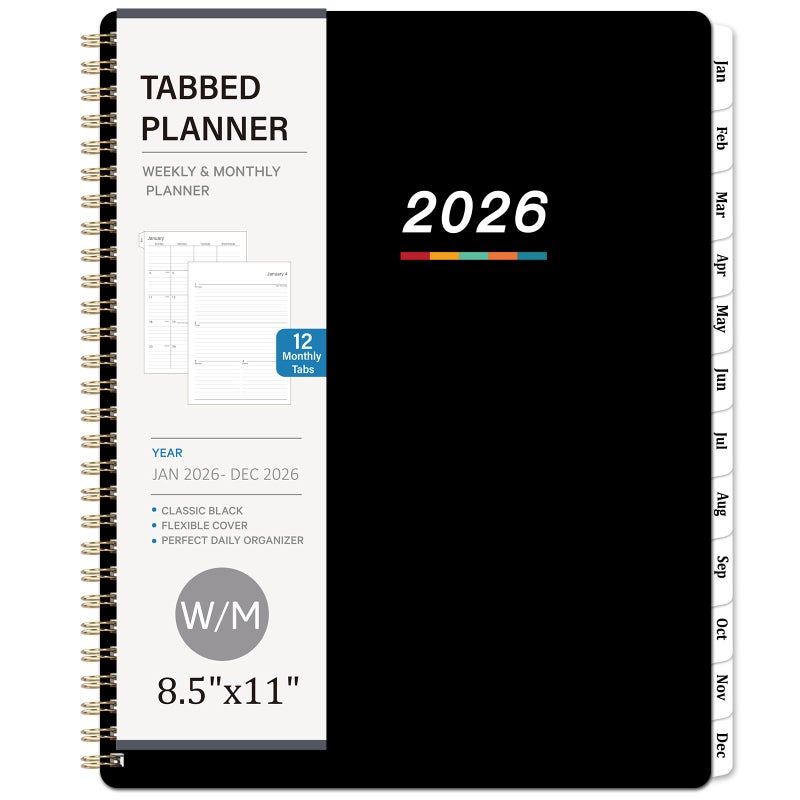 Indeme 2026 Planner - 2026 Planner Weekly and Monthly, Jan. 2026 - Dec. 2026, 8.5" x 11", Calendar Planner 2026 with Monthly Tabs, Spiral Binding, Thick Paper, Classic Black - Image 1