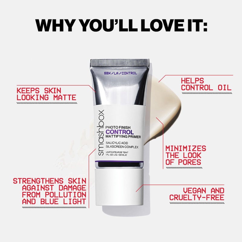 Smashbox Photo Finish Control Mattifying Makeup Primer | Pore-Minimizing, Oil-Controlling Primer that helps Reduce Shine | Silkscreen Complex, Witch Hazel, Salicylic Acid + Zinc, 1 Fl Oz - Image 5