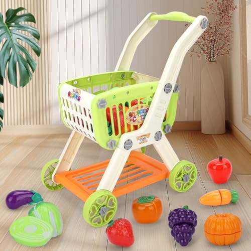 Ming You Kids Shopping Cart with Cutting Play Food Set for Kid Kitchen 2 in 1 Shopping Cart for Kids Grocery Store Pretend Play Kitchen Accessories Sorting Food Bucket Learning Toys Gift for Toddler 35 - Image 5