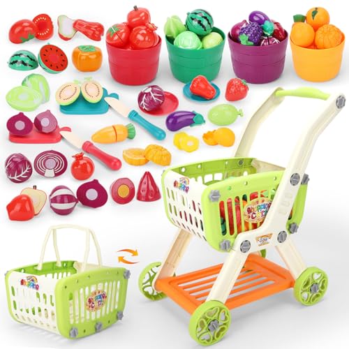 Ming You Kids Shopping Cart with Cutting Play Food Set for Kid Kitchen 2 in 1 Shopping Cart for Kids Grocery Store Pretend Play Kitchen Accessories Sorting Food Bucket Learning Toys Gift for Toddler 35 - Image 1
