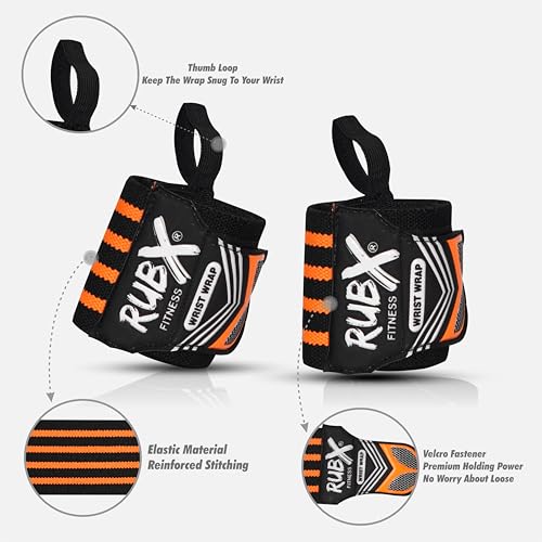 RUBX Premium Wrist Wraps for Gym Workout – Adjustable Wrist Support Straps for Weightlifting, CrossFit, Powerlifting, Training – Men & Women Gym Accessories with Thumb Loop (Orange) - Image 3