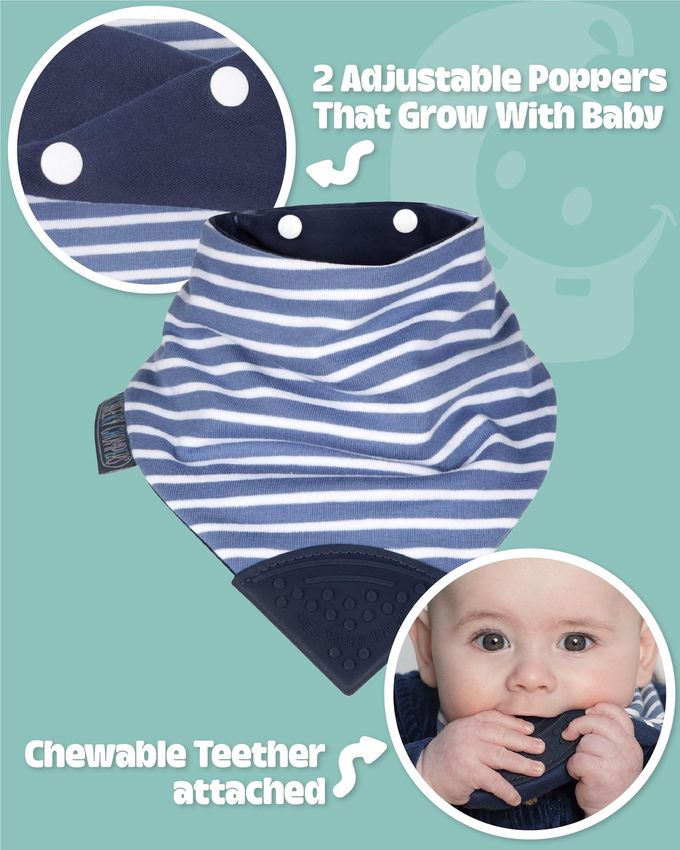 Cheeky Chompers 2-In-1 Baby Dribble Bib With Soft Silicone Teether, Reversible Bandana Style, Innovative Dimple Design Soothes Gums, 3-Layer Absorbency (Preppy Stripes Neckerchew) - Image 3