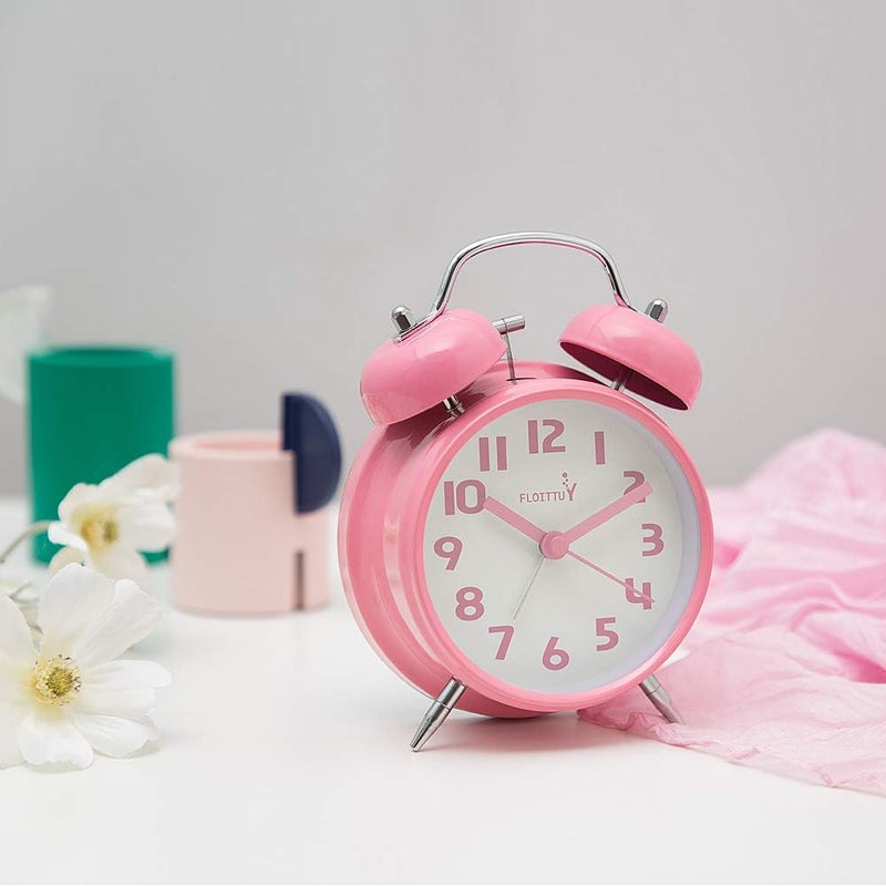 FLOITTUY {Loud Alarm for Deep Sleepers) 4'' Twin Bell Alarm Clock with Backlight for Bedroom and Home Decoration(Pink) - Image 1