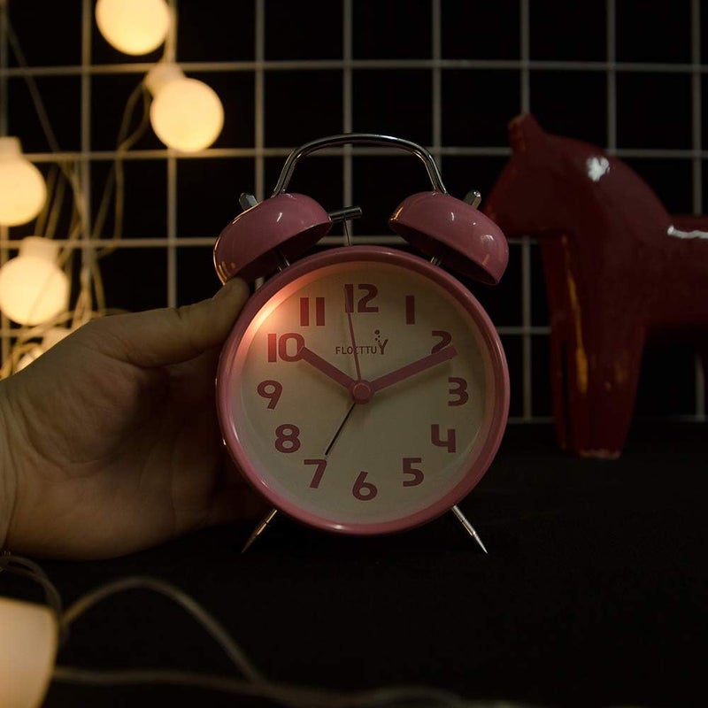 FLOITTUY {Loud Alarm for Deep Sleepers) 4'' Twin Bell Alarm Clock with Backlight for Bedroom and Home Decoration(Pink) - Image 3