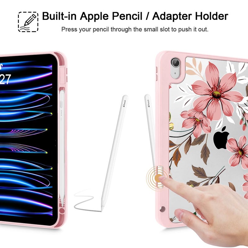 Mektron Case for 2025 iPad 11 inch (A16 Chip) 11th Gen Fit iPad 10th Gen10.9 inch 2022, Buit in Pencil Holder with Shockproof Cover Clear Shell + Trifold Stand + Auto Wake/Sleep, Floral C293 - Image 5
