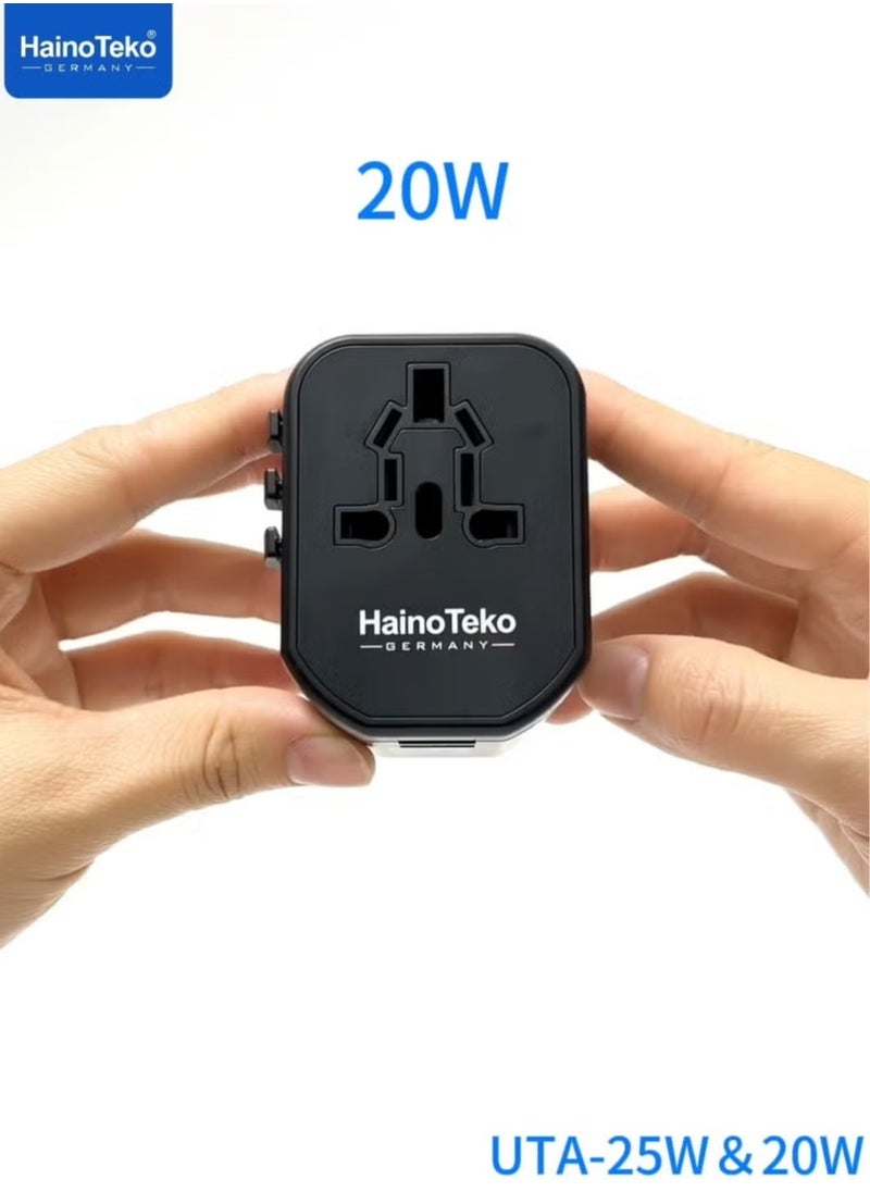 Haino Teko UTA-20W Universal Travel Adapter, 20W Fast Charging with LED Light Indicator, Compact Design for Worldwide Travel, Compatible with Multiple Devices – Black  - Image 2