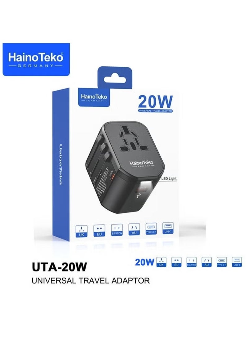 Haino Teko UTA-20W Universal Travel Adapter, 20W Fast Charging with LED Light Indicator, Compact Design for Worldwide Travel, Compatible with Multiple Devices – Black  - Image 5