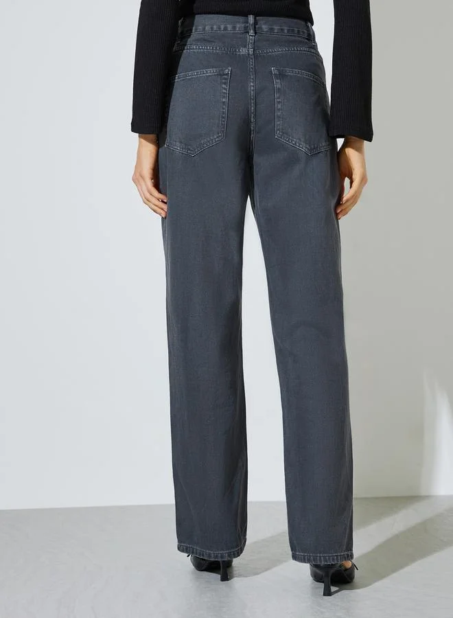 Styli Grey Solid Wide Leg Jeans With Pocket for Women | Best Price UAE