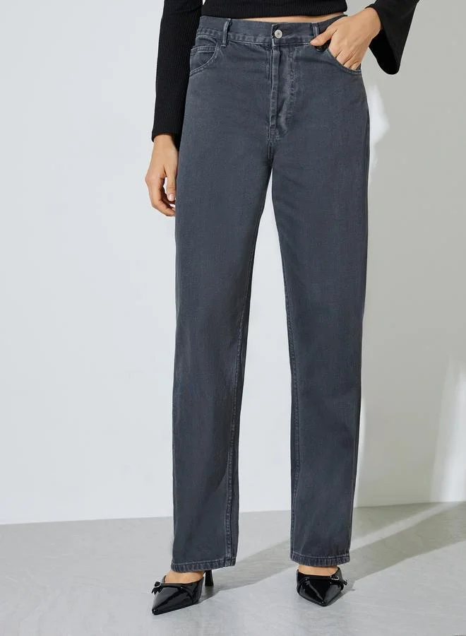 Styli Solid Wide Leg Jeans With Pocket
