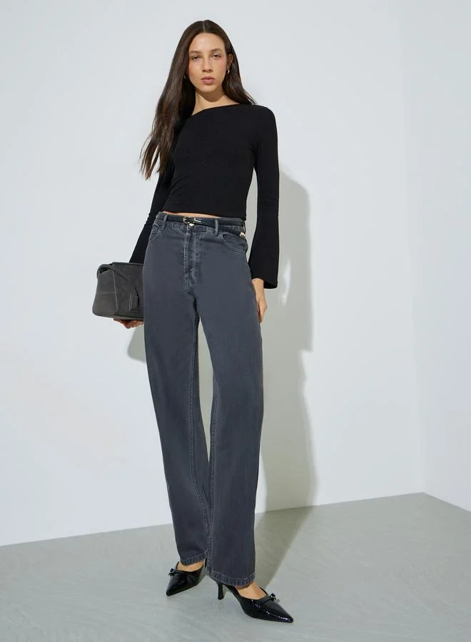 Styli Solid Wide Leg Jeans With Pocket