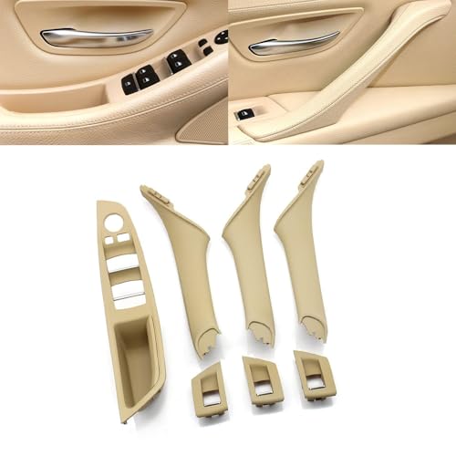 Goodithy مقبض باب Goodithy 7 قطع لسيارة BMW 5 Series F10 F11 جانب السائق الأمامي الأيسر زر رفع النافذة غطاء باب الراكب داخلي مقبض سحب بديل لسيارة BMW 520 523 525 528 535 (بيج) - Image 1