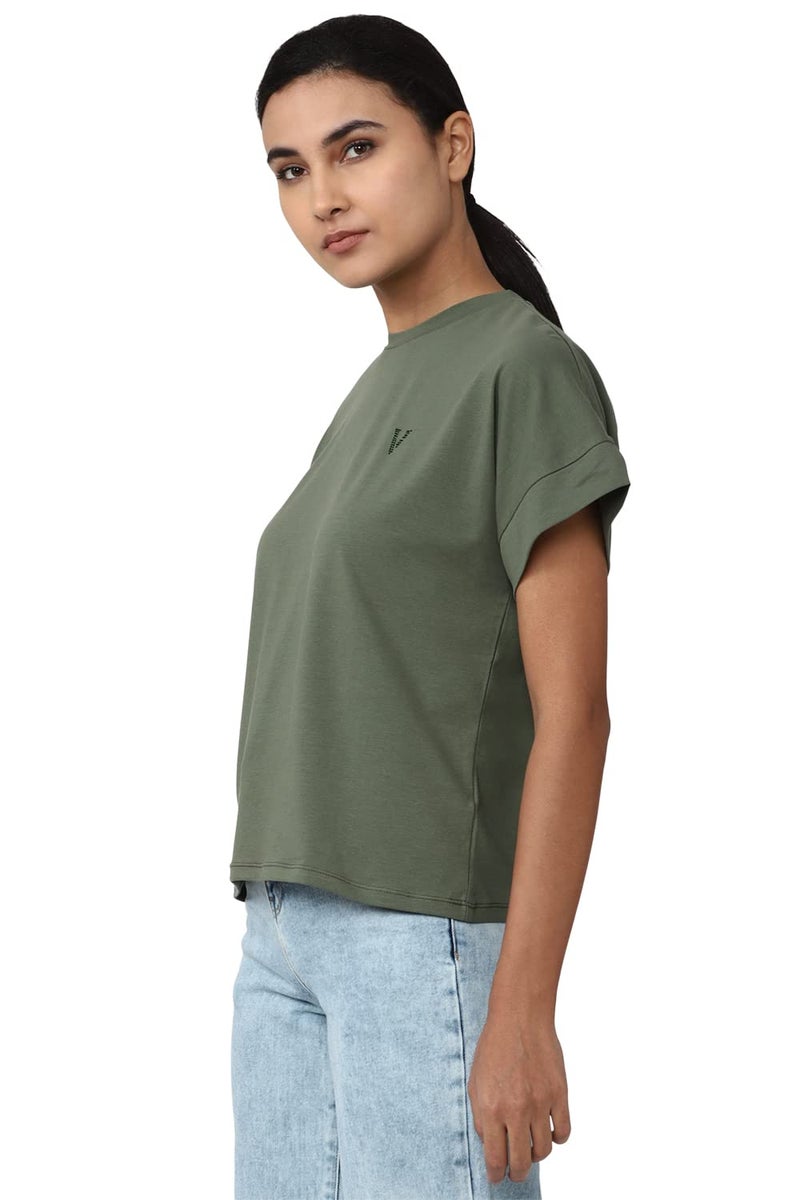 Van Heusen Women Cotton Blend Solid Regular Fit T-Shirt (VWCTURGPT44420_Light Olive XXL) - Image 2