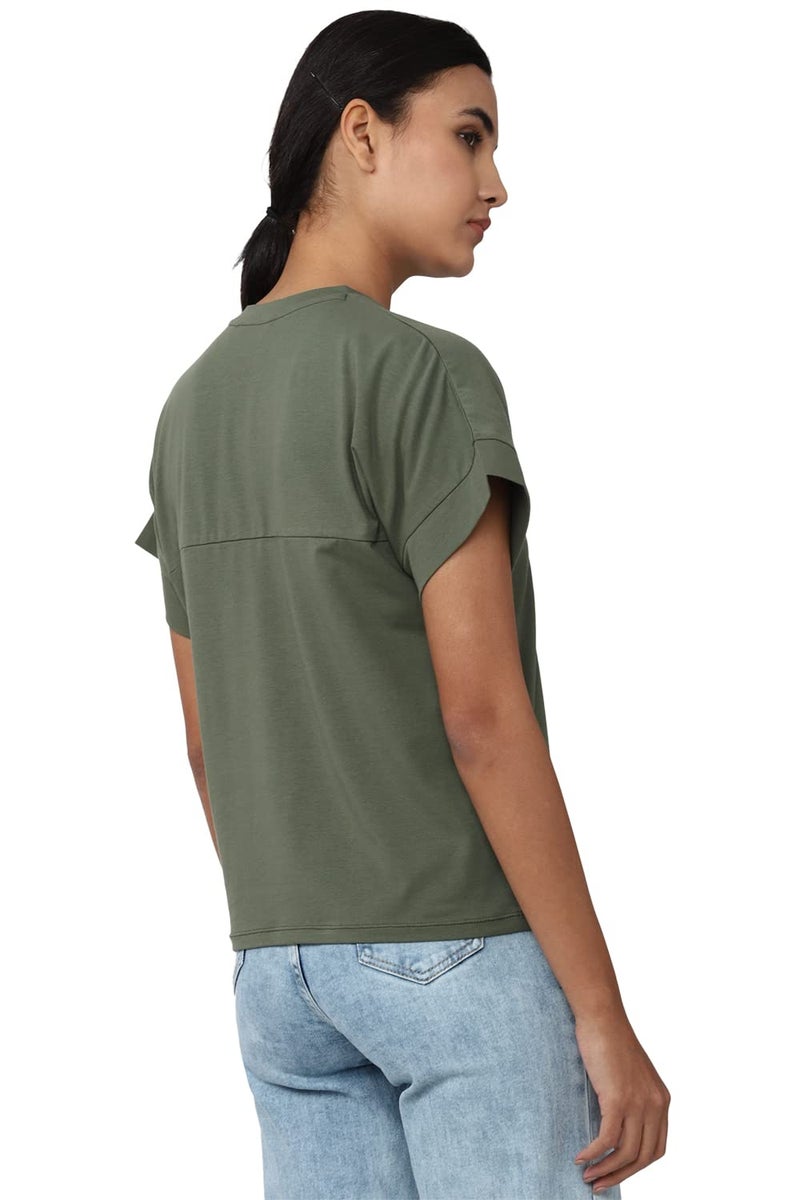Van Heusen Women Cotton Blend Solid Regular Fit T-Shirt (VWCTURGPT44420_Light Olive XXL) - Image 3