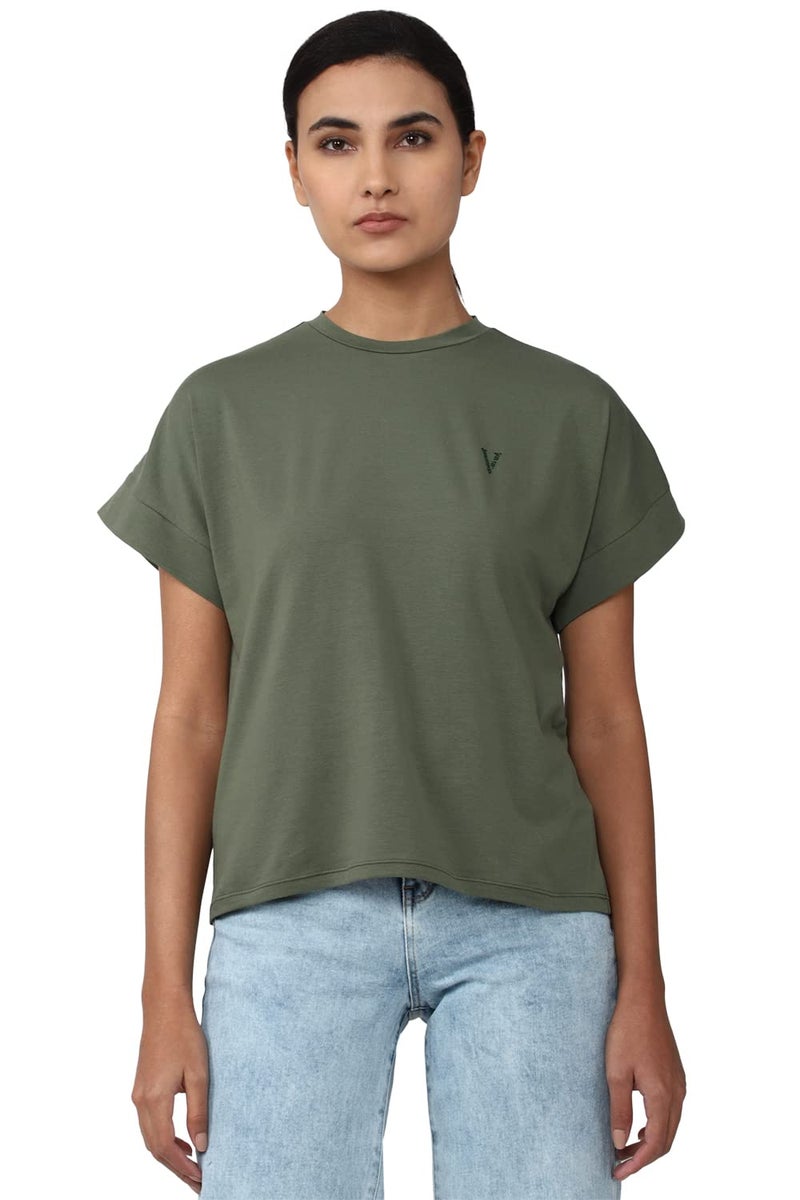 Van Heusen Women Cotton Blend Solid Regular Fit T-Shirt (VWCTURGPT44420_Light Olive XXL) - Image 1