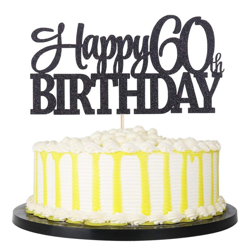 Festiko®Black Glitter Happy 60th Birthday Cake Topper - 60 Anniversary Party Decoration (60th) - Image 5