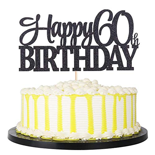 Festiko®Black Glitter Happy 60th Birthday Cake Topper - 60 Anniversary Party Decoration (60th) - Image 1