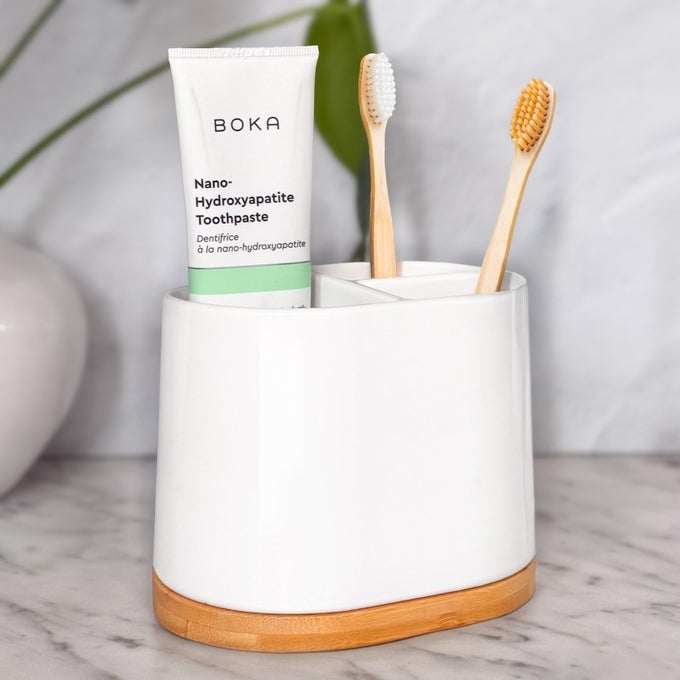 LARGE TOOTHBRUSH HOLDER FOR BATHROOMS WITH BAMBOO BASE MODERN 3 SLOTS COMPARTMENT WHITE CERAMIC MARBLE LIKE TOOTHPASTE CUP FOR ELECTRIC AND KIDS TOOTH BRUSHES