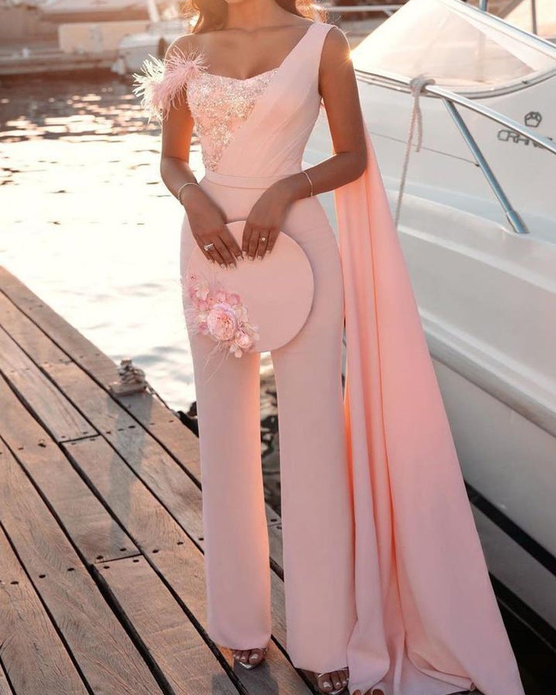 New Feather Tube Top Jumpsuit for Chic Parties Pink