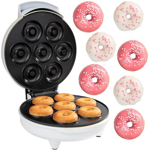 Mini Donut Maker Electric NonStick Surface Makes 7 Small Doughnuts Decorate Frost Ice Your Own for Kid Friendly Holiday Baked Dessert Treat Cooking Activity for Adults Easy Bake Xmas Gift for Her