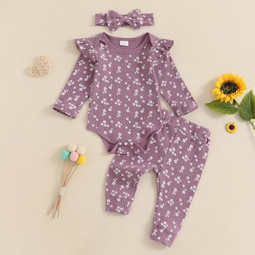 allshope Baby Girl Fall Clothes Set Floral Print Long Sleeve Romper Pants Set Cute Infant Newborn Outfit 3 6 9 12 18 Months (Floral Purple, 0-3 Months) - Image 2