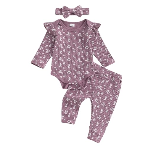 allshope Baby Girl Fall Clothes Set Floral Print Long Sleeve Romper Pants Set Cute Infant Newborn Outfit 3 6 9 12 18 Months (Floral Purple, 0-3 Months) - Image 1