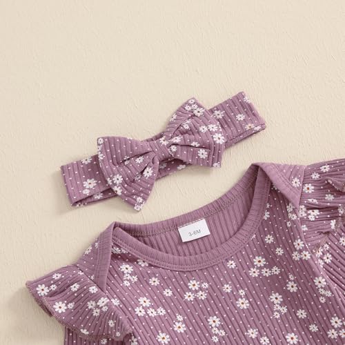 allshope Baby Girl Fall Clothes Set Floral Print Long Sleeve Romper Pants Set Cute Infant Newborn Outfit 3 6 9 12 18 Months (Floral Purple, 0-3 Months) - Image 4