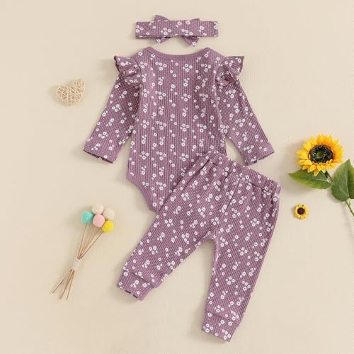 allshope Baby Girl Fall Clothes Set Floral Print Long Sleeve Romper Pants Set Cute Infant Newborn Outfit 3 6 9 12 18 Months (Floral Purple, 0-3 Months) - Image 3
