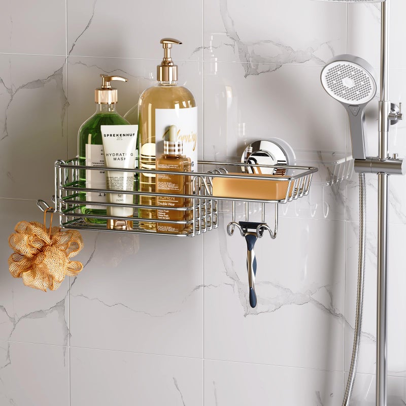 LEVERLOC Shower Caddy Suction Cup, Organizer with Hooks & Soap Holder for Inside Shower, Removable Bathroom Shelf - Image 1