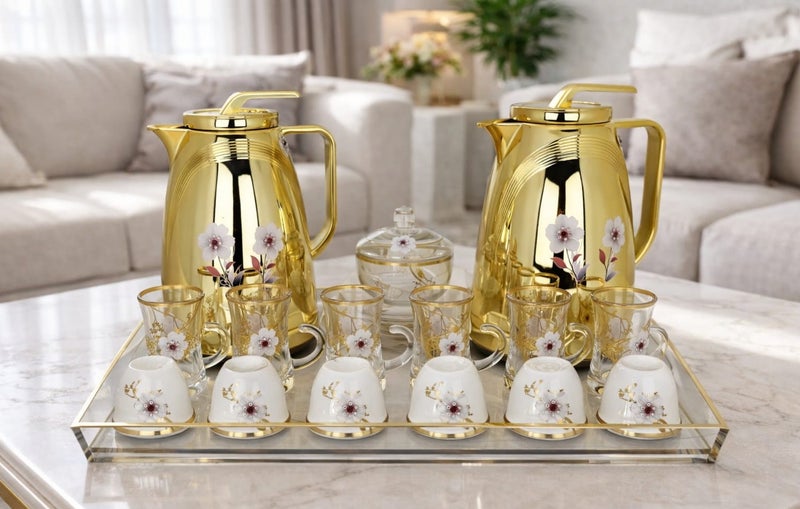 Damanhoor 22Pieces New Full Set Thermose 2Thermos 6Teacup With 6saucer 6Guava Cup 1Sugar Bowl 1Tray - Image 1