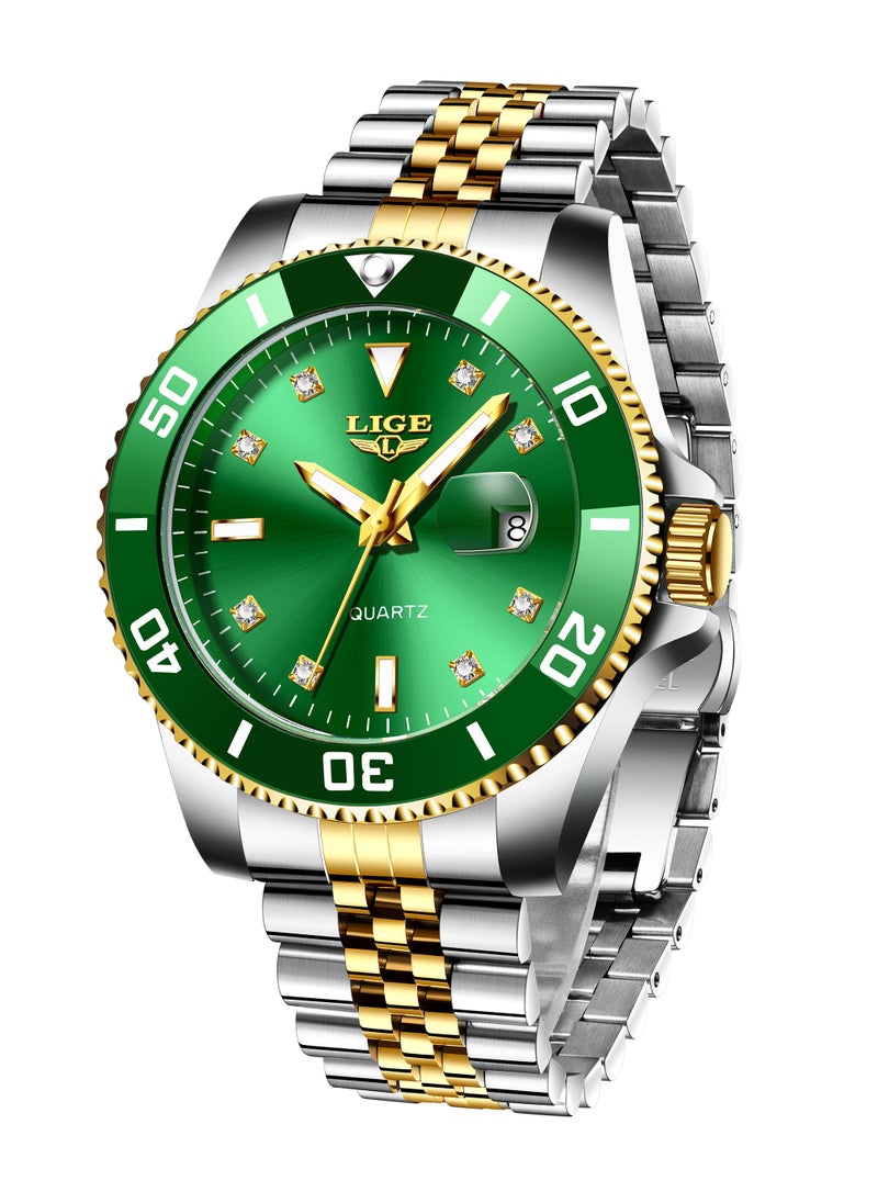 LIGE - Men's Business Green Dial Quartz Watches Luxurious and Elegant with Stainless Steel Band - Image 1