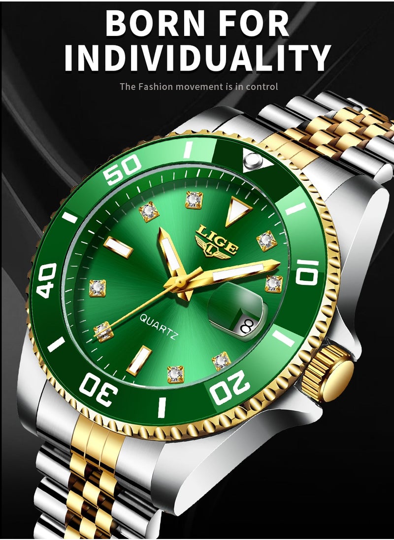 LIGE - Men's Business Green Dial Quartz Watches Luxurious and Elegant with Stainless Steel Band - Image 1