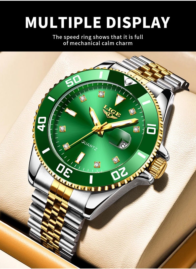 LIGE - Men's Business Green Dial Quartz Watches Luxurious and Elegant with Stainless Steel Band - Image 1