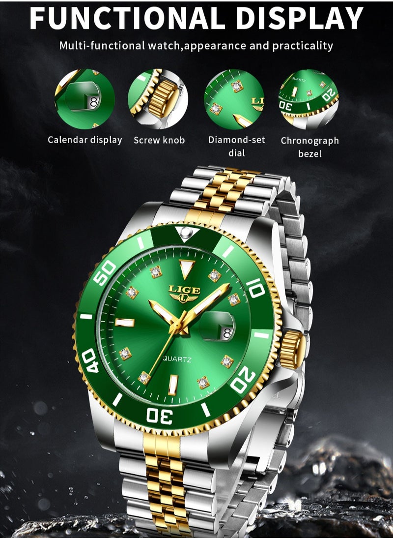 LIGE - Men's Business Green Dial Quartz Watches Luxurious and Elegant with Stainless Steel Band - Image 1