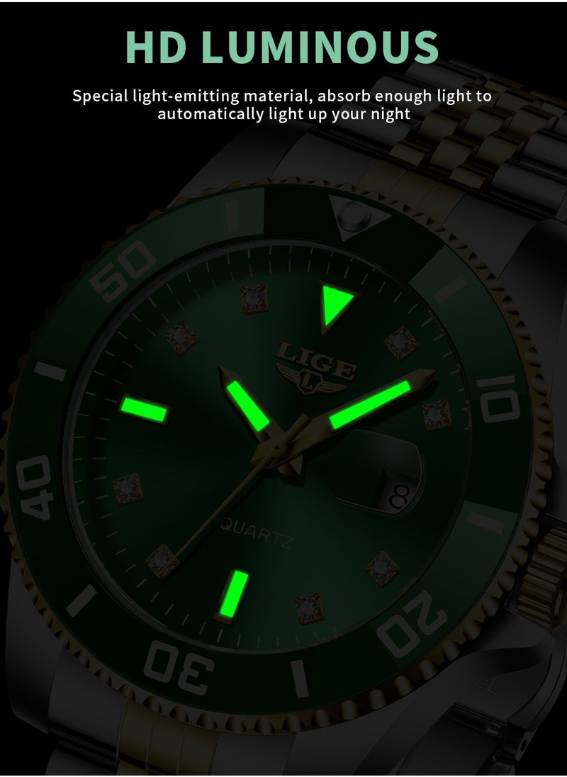LIGE - Men's Business Green Dial Quartz Watches Luxurious and Elegant with Stainless Steel Band - Image 1