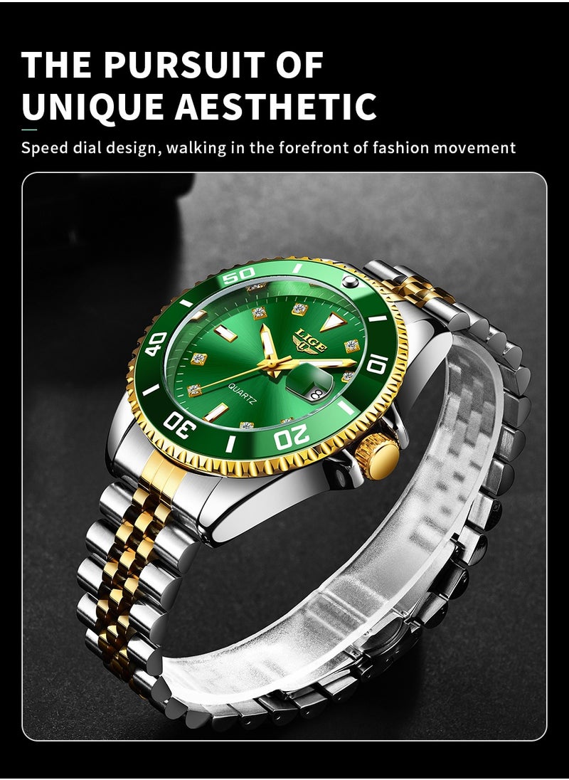 LIGE - Men's Business Green Dial Quartz Watches Luxurious and Elegant with Stainless Steel Band - Image 1