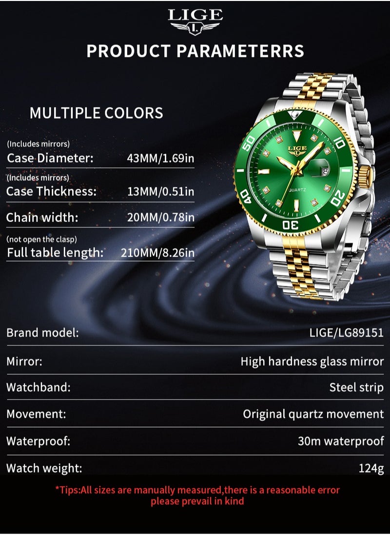 LIGE - Men's Business Green Dial Quartz Watches Luxurious and Elegant with Stainless Steel Band - Image 1