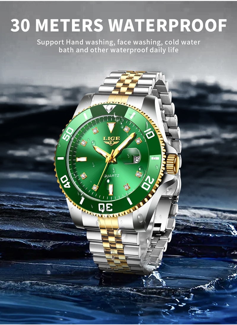 LIGE - Men's Business Green Dial Quartz Watches Luxurious and Elegant with Stainless Steel Band - Image 1