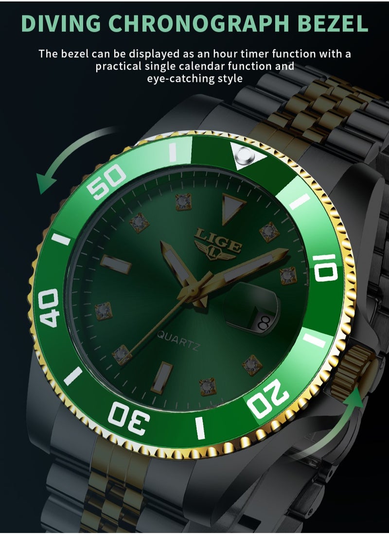 LIGE - Men's Business Green Dial Quartz Watches Luxurious and Elegant with Stainless Steel Band - Image 1