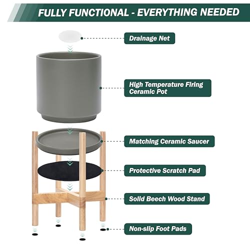 D'vine Dev Ceramic Planter with Natural Stand - 10 Inch Modern Round Flower Pot with Wood Planter Holder, Grey, 55-B-K-3 - Image 5