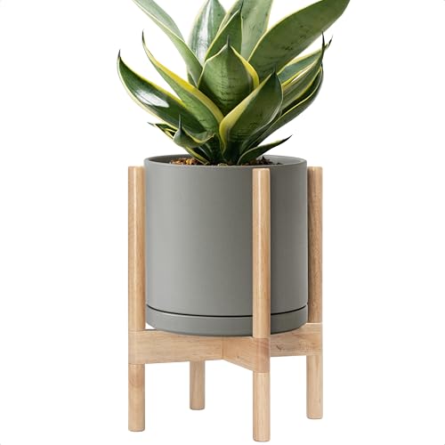 D'vine Dev Ceramic Planter with Natural Stand - 10 Inch Modern Round Flower Pot with Wood Planter Holder, Grey, 55-B-K-3 - Image 1