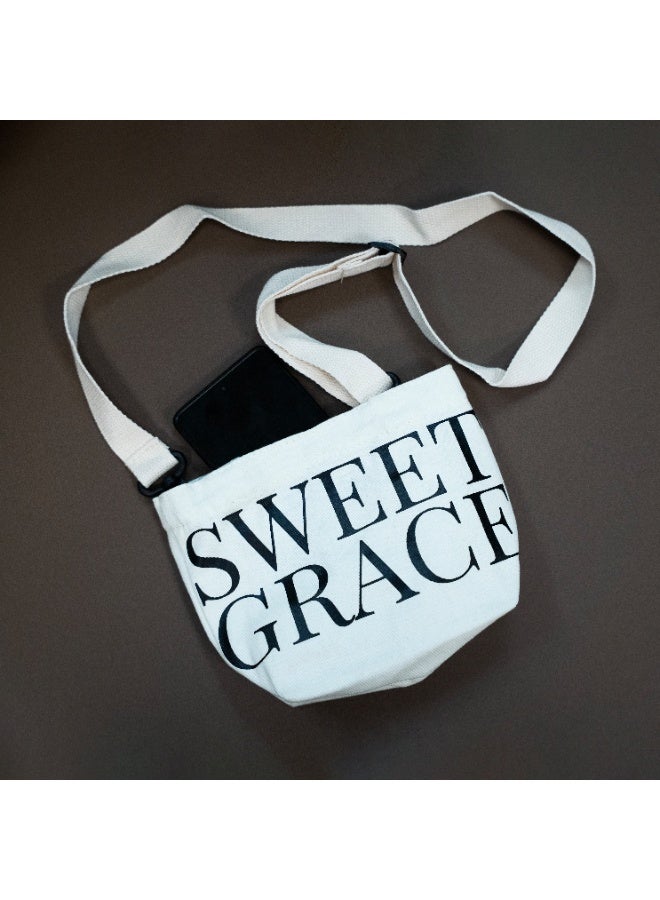 Large Letter Twill Trumpet Canvas Crossbody Shoulder Bag for Women and Men – Stylish “Sweet Grace” Printed Tote with Adjustable Strap, Durable Lightweight Fabric, Everyday Casual Travel Shopping Bag with Spacious Interior - Image 1