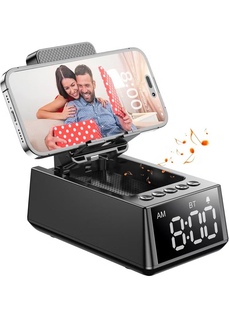 Cell Phone Stand Bluetooth Speakers, Cool Tech Kitchen Gadgets, Adjustable Phone Holder with LED Digital Alarm Clock, HD Surround Sound, Compatible for iPhone/Samsung/iPad Tablet