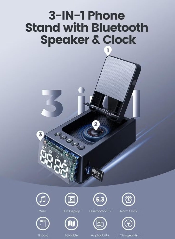 Cell Phone Stand Bluetooth Speakers, Cool Tech Kitchen Gadgets, Adjustable Phone Holder with LED Digital Alarm Clock, HD Surround Sound, Compatible for iPhone/Samsung/iPad Tablet