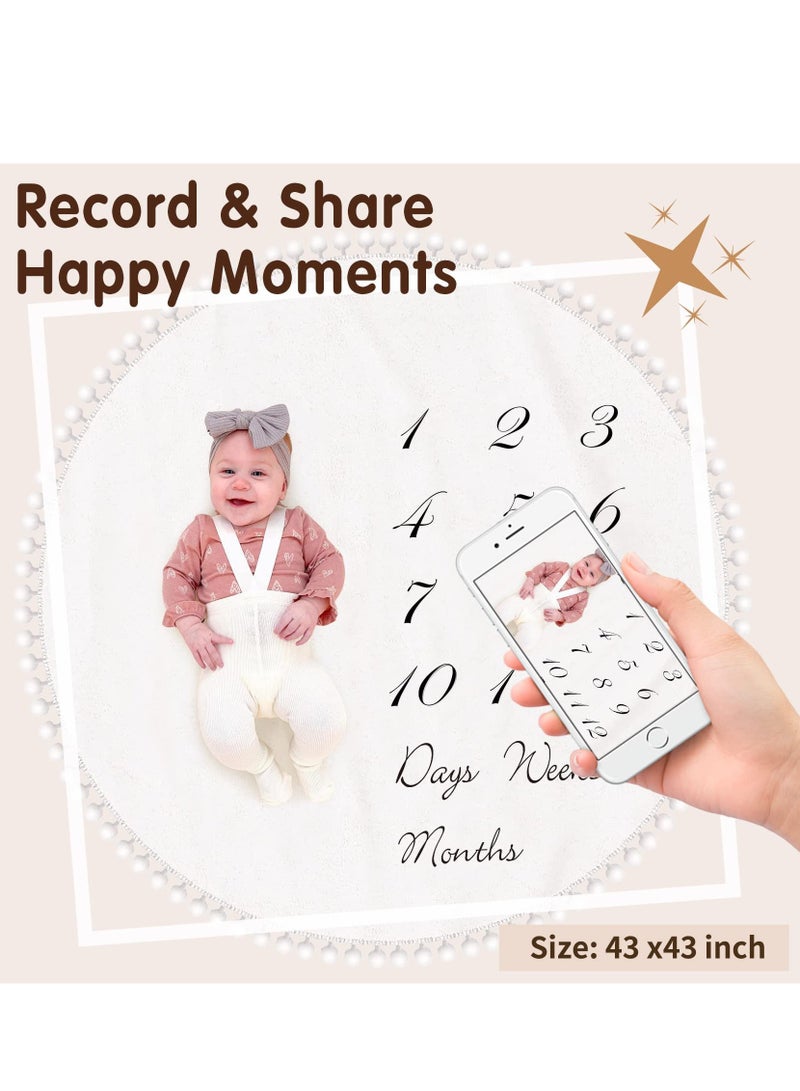 Baby Milestone Monthly Blanket Mat with Double-Sided Milestones Cards and Circle Garland Thick Flannel Round Rug for Boy Girl, Baby Photography Props - Image 4